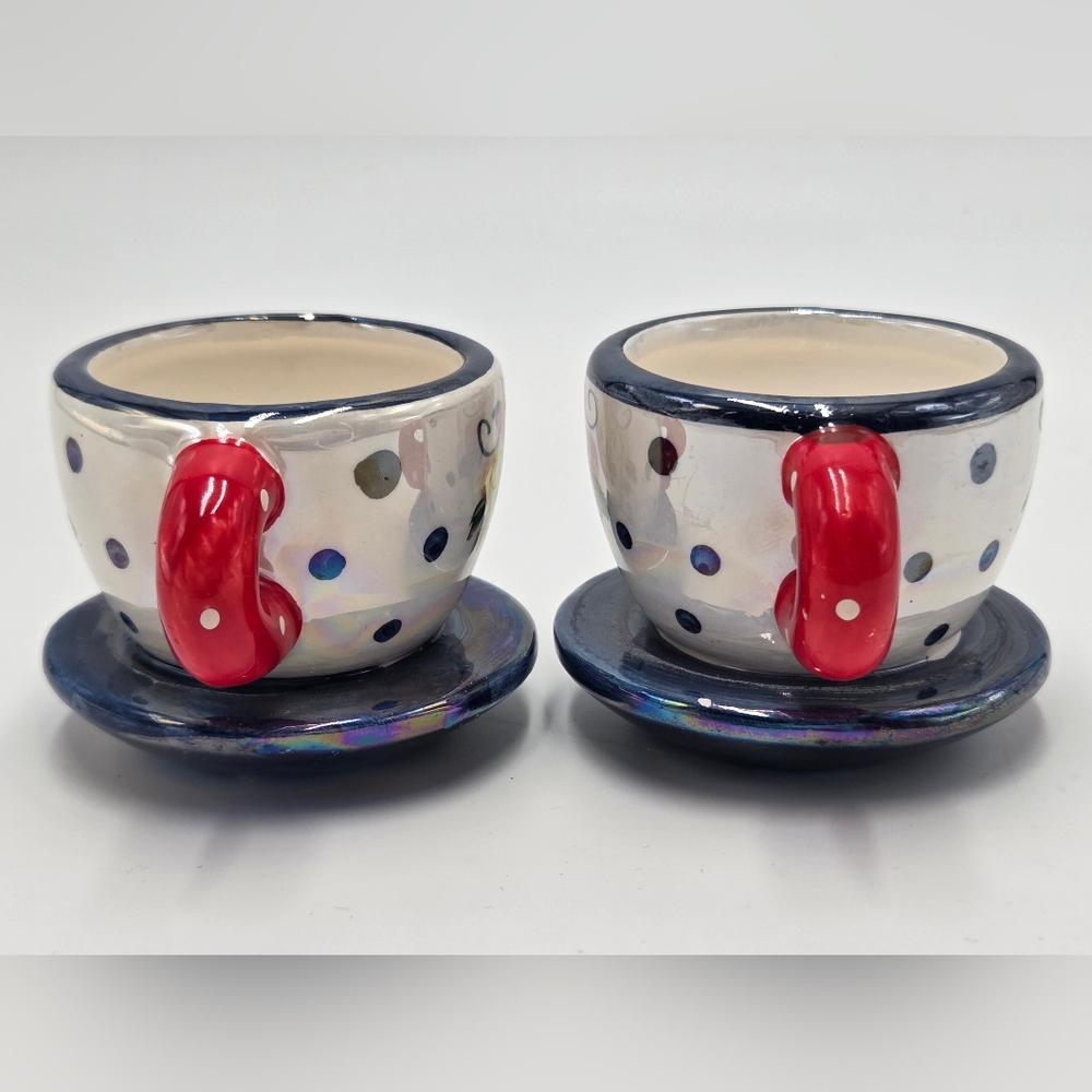 2 pcs Mary Engelbreit Miniature Tea Cup On Saucer Ornament Luster Polka Dots 2 - Picture 3 of 7